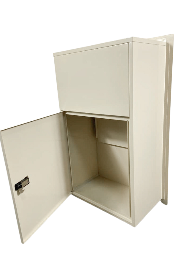 The Tassie Devil Ivory Colour fence mounted parcel box by Handybox Parcel Boxes rear opening to show depth of parcel box